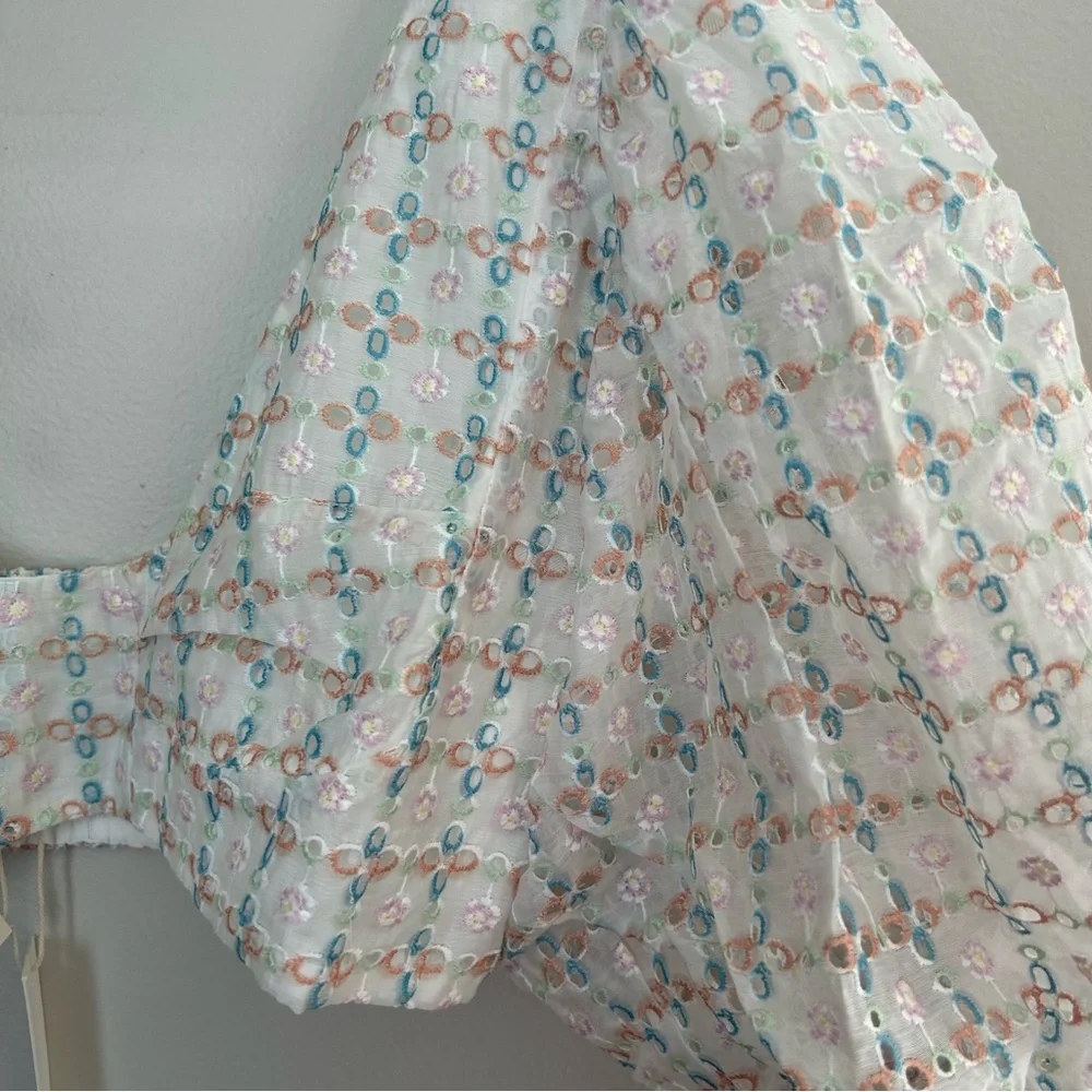 For Love And Lemons White Eyelet Crop Top with Pastel Blue Print - Picture 3 of 14